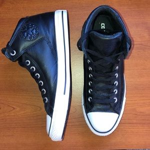converse black leather high tops mens